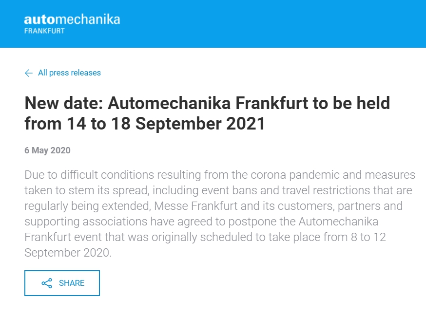 Automechanika Frankfurt 2020-The exhibition will be delayed